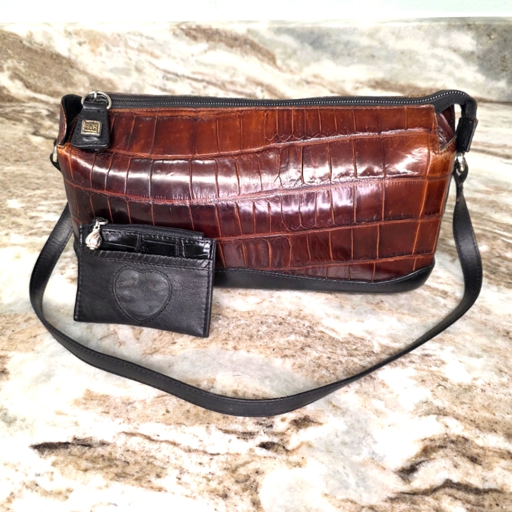 VNTG BRIGHTON Brown Structured Croc Embossed Leather Shoulder Bag Satchel